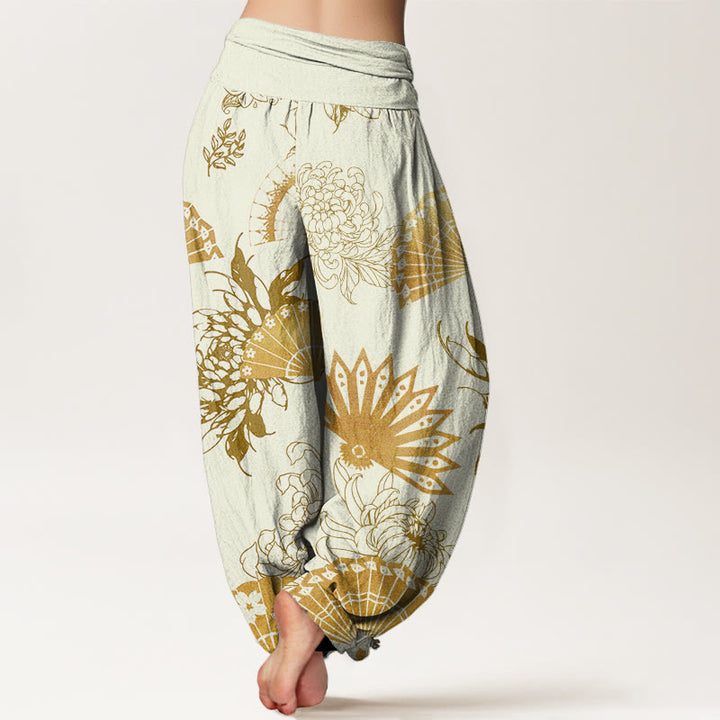 Buddha Stones Fan Blumenmuster Damen Haremshose mit elastischer Taille - image 9