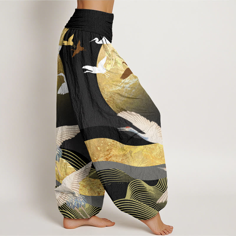 Buddha Stones Kranich Sonne Wellenmuster Damen Haremshose mit elastischer Taille - image 3
