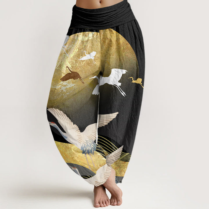 Buddha Stones Kranich Sonne Wellenmuster Damen Haremshose mit elastischer Taille - Schwarz - US22， UK/AU26，EU54 (6XL) - image 1