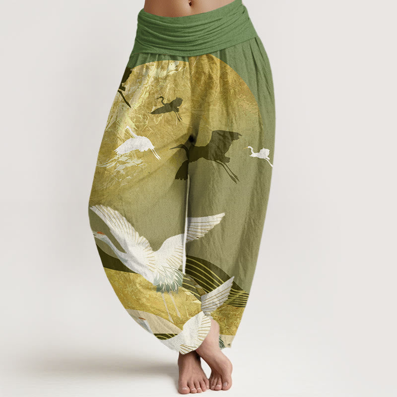 Buddha Stones Kranich Sonne Wellenmuster Damen Haremshose mit elastischer Taille - WaldGrün - US22， UK/AU26，EU54 (6XL) - image 5