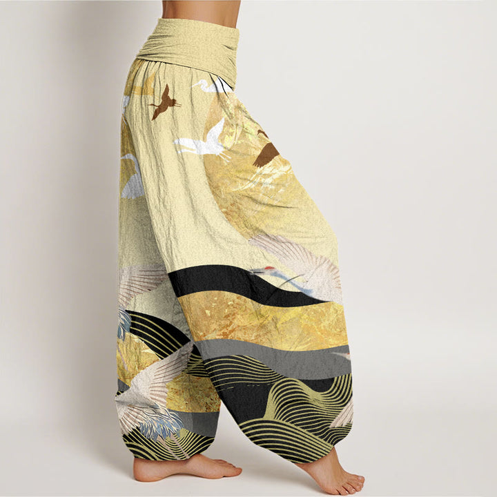 Buddha Stones Kranich Sonne Wellenmuster Damen Haremshose mit elastischer Taille - image 10