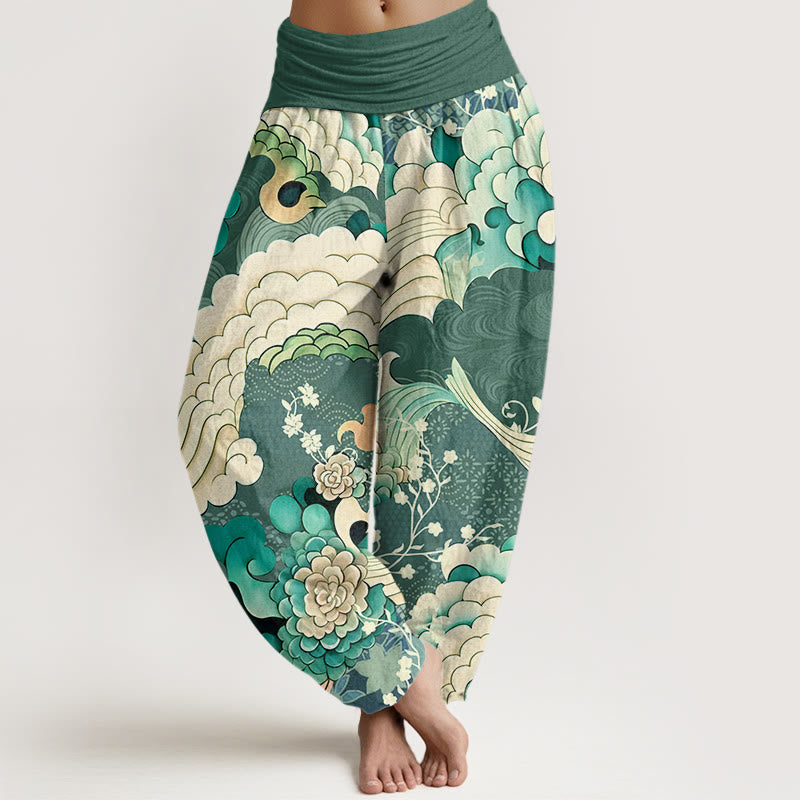 Haremshose aus Baumwolle mit Buddha Stones, Blumen- und Wellenmuster, elastischem Bund für Damen - SeaGreen - US22, UK/AU26, EU54 (6XL) - image 0