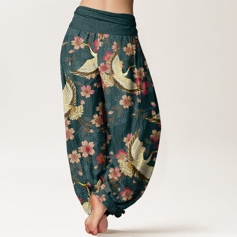 Buddha Stones Kranich Pfirsichblütenmuster Damen Haremshose mit elastischer Taille - image 2