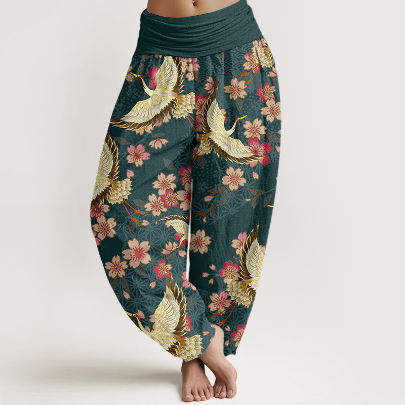 Buddha Stones Kranich Pfirsichblütenmuster Damen Haremshose mit elastischer Taille - Dunkelgrün - US22， UK/AU26，EU54 (6XL) - image 1