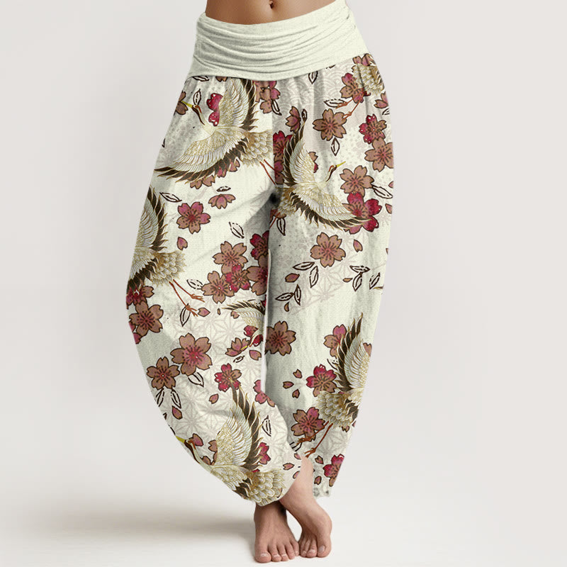 Buddha Stones Kranich Pfirsichblütenmuster Damen Haremshose mit elastischer Taille - Maisseide - US22， UK/AU26，EU54 (6XL) - image 5