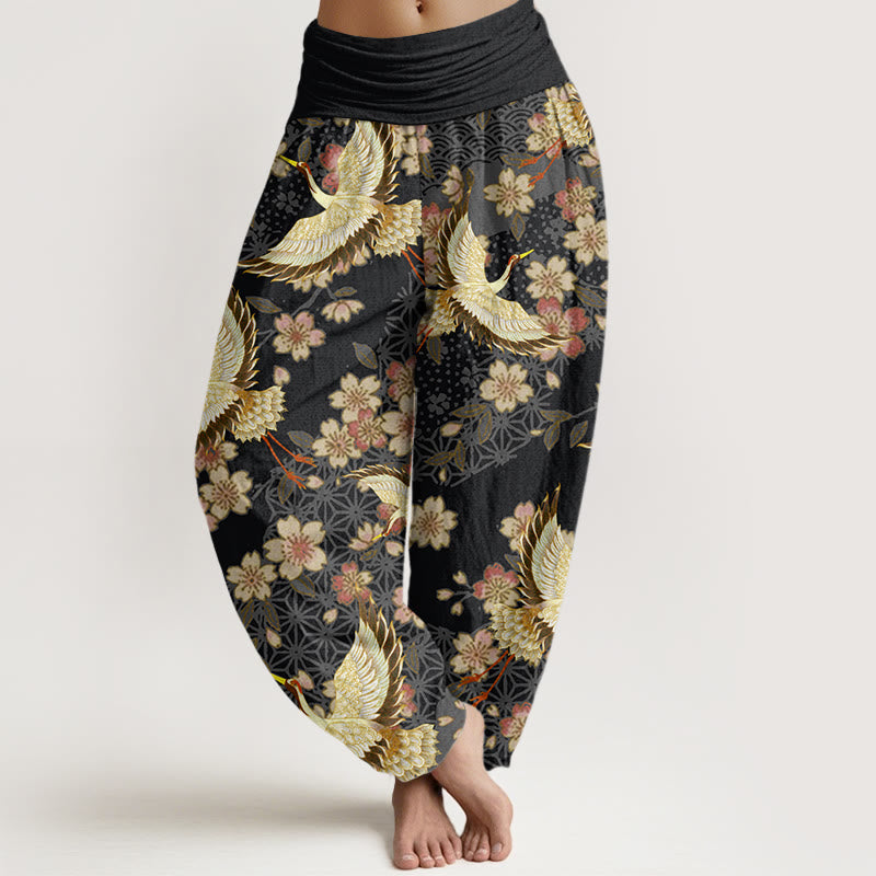 Buddha Stones Kranich Pfirsichblütenmuster Damen Haremshose mit elastischer Taille - Schwarz - US22， UK/AU26，EU54 (6XL) - image 8