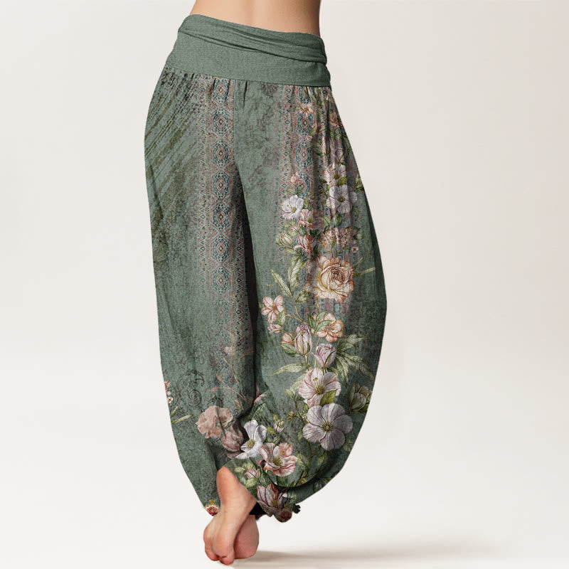 Haremshose aus Baumwolle mit Buddha Stones , ethnischem Blumen- und Totemmuster sowie elastischem Bund für Damen - image 1