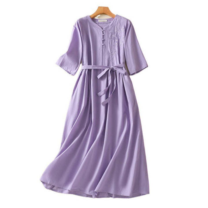 Buddha Stones Sommerliches Midikleid aus Baumwolle und Leinen mit Orchideenstickerei, Schnürung, V-Ausschnitt, halblangen Ärmeln und Taschen - image 14