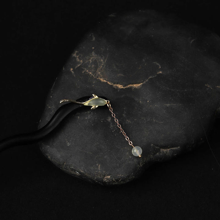 Buddha Stones Ebenholz Hetian Jade Fisch Segen Haarnadel