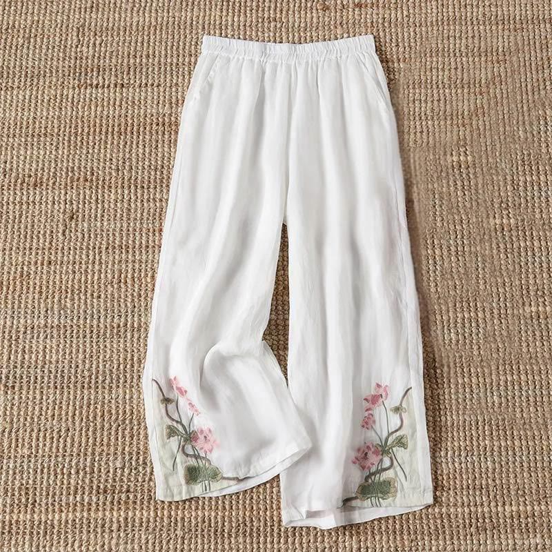 Buddha Stones Sommer Stickerei Lotusblume Lotusblatt Muster Damen Weite Beinhose mit Taschen