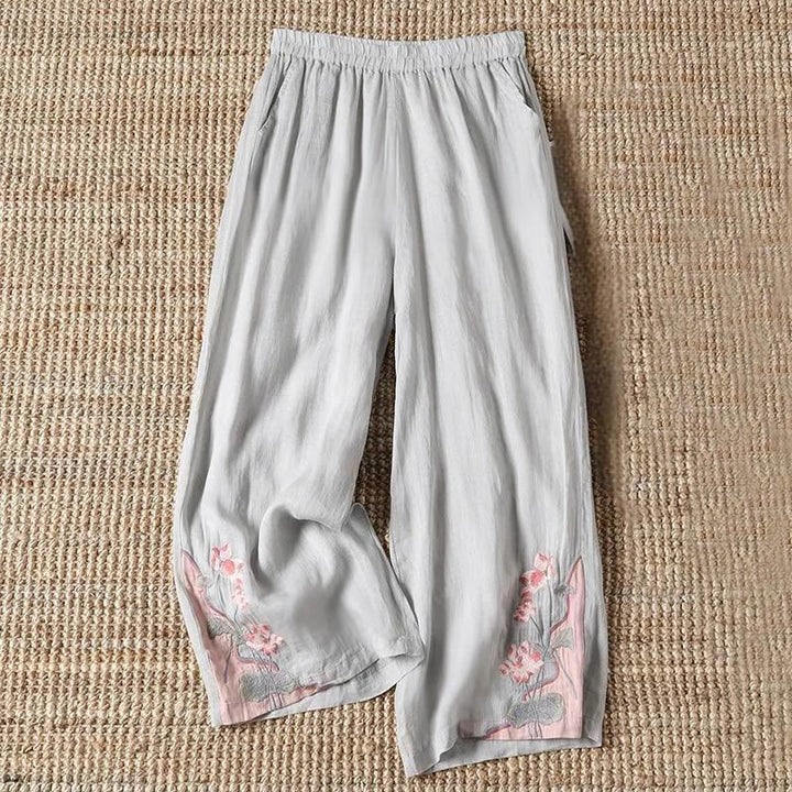 Buddha Stones Sommer Stickerei Lotusblume Lotusblatt Muster Damen Weite Beinhose mit Taschen