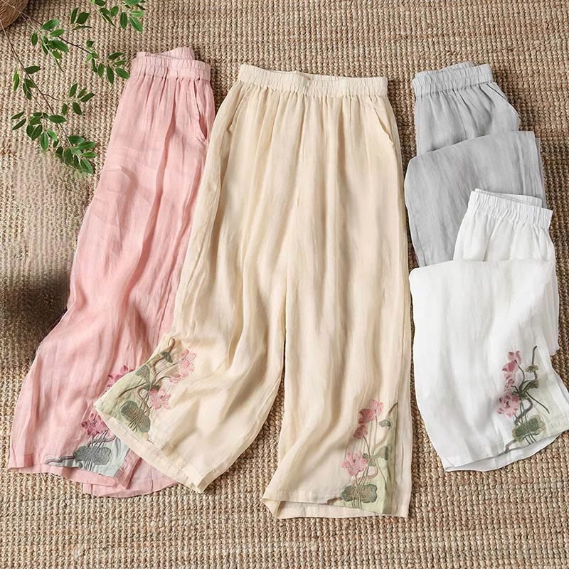 Buddha Stones Sommer Stickerei Lotusblume Lotusblatt Muster Damen Weite Beinhose mit Taschen