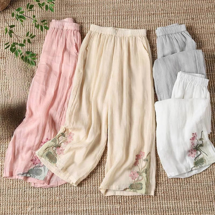 Buddha Stones Sommer Stickerei Lotusblume Lotusblatt Muster Damen Weite Beinhose mit Taschen