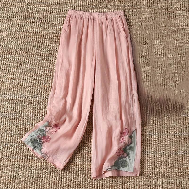 Buddha Stones Sommer Stickerei Lotusblume Lotusblatt Muster Damen Weite Beinhose mit Taschen