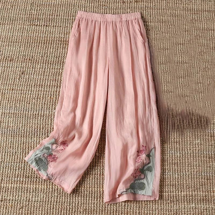 Buddha Stones Sommer Stickerei Lotusblume Lotusblatt Muster Damen Weite Beinhose mit Taschen