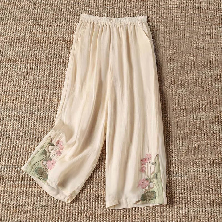 Buddha Stones Sommer Stickerei Lotusblume Lotusblatt Muster Damen Weite Beinhose mit Taschen
