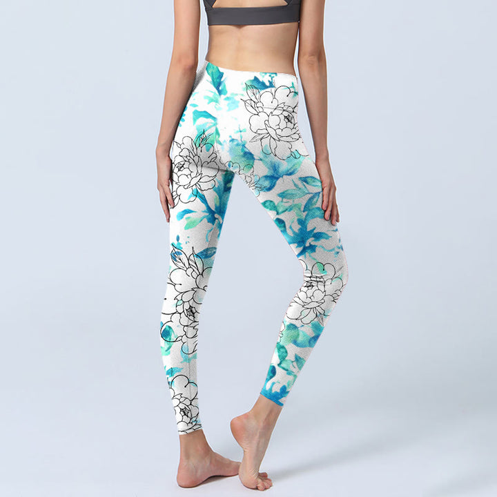 Buddha Stones, blau, Aquarell, Pfingstrose, Blumen, Linien, Musterdruck, Gym-Leggings, Damen-Yogahose - image 5