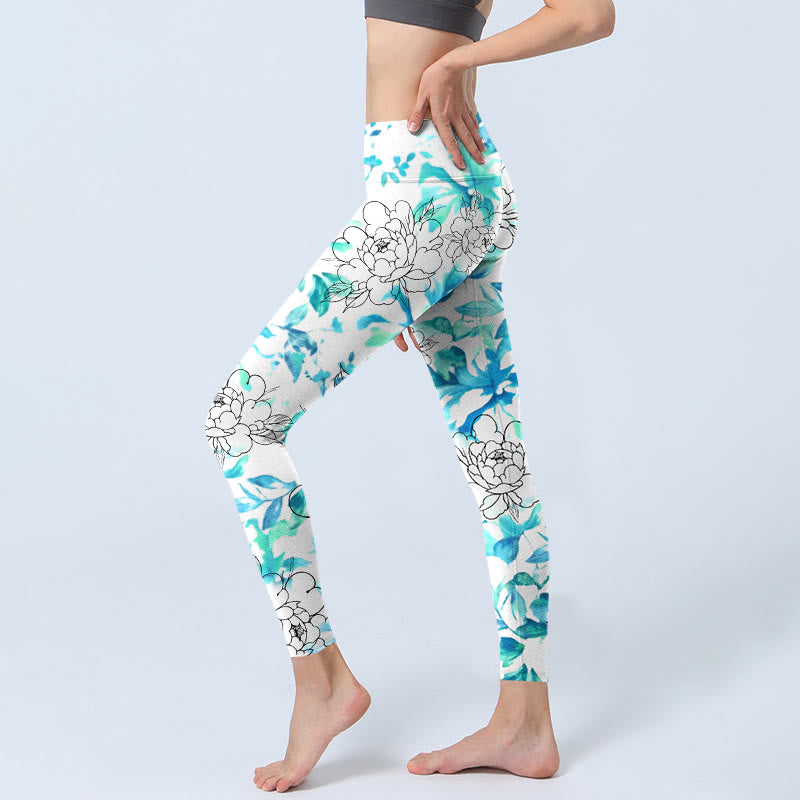 Buddha Stones, blau, Aquarell, Pfingstrose, Blumen, Linien, Musterdruck, Gym-Leggings, Damen-Yogahose - image 3