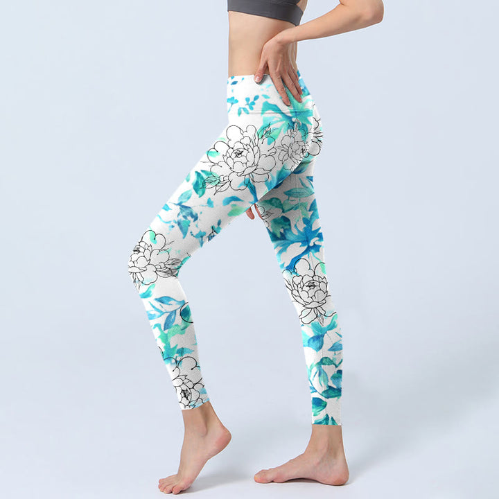 Buddha Stones, blau, Aquarell, Pfingstrose, Blumen, Linien, Musterdruck, Gym-Leggings, Damen-Yogahose - image 3