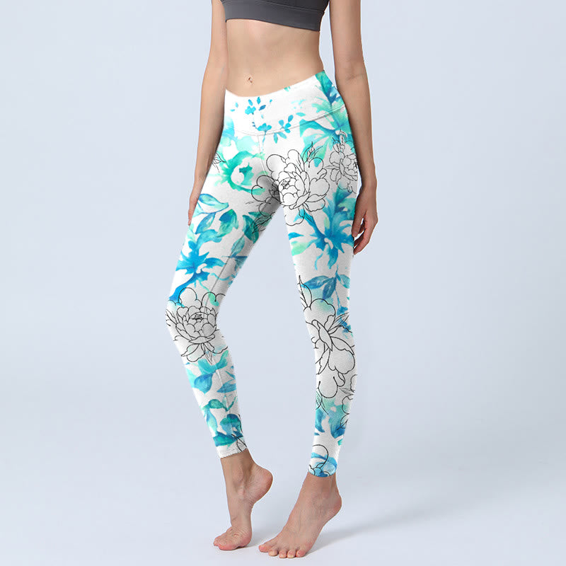 Buddha Stones, blau, Aquarell, Pfingstrose, Blumen, Linien, Musterdruck, Gym-Leggings, Damen-Yogahose - AliceBlue - US18， UK/AU22，EU50 (4XL) - image 1