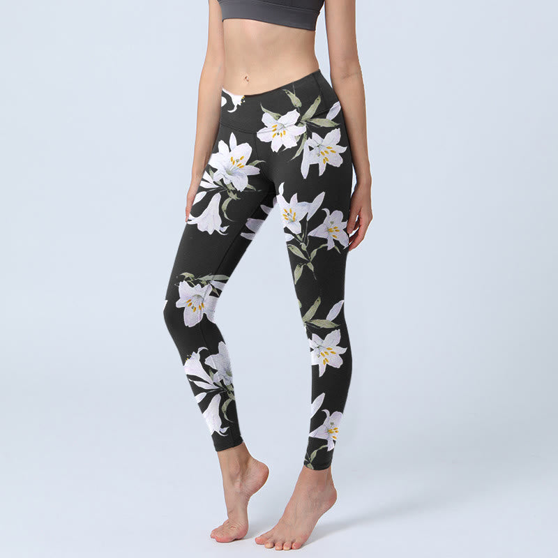 Buddha Stones Schwarze Lilie Blumenblatt Musterdruck Gym Leggings Damen Yogahose - Schwarz - US18， UK/AU22，EU50 (4XL) - image 1