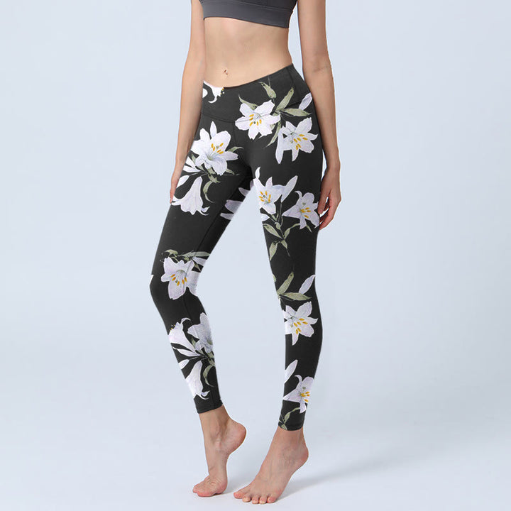 Buddha Stones Schwarze Lilie Blumenblatt Musterdruck Gym Leggings Damen Yogahose - Schwarz - US18， UK/AU22，EU50 (4XL) - image 1
