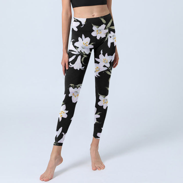 Buddha Stones Schwarze Lilie Blumenblatt Musterdruck Gym Leggings Damen Yogahose - image 6