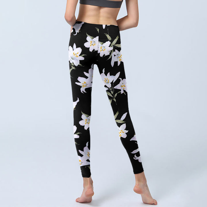 Buddha Stones Schwarze Lilie Blumenblatt Musterdruck Gym Leggings Damen Yogahose - image 7