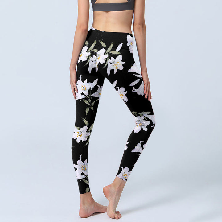 Buddha Stones Schwarze Lilie Blumenblatt Musterdruck Gym Leggings Damen Yogahose - image 5