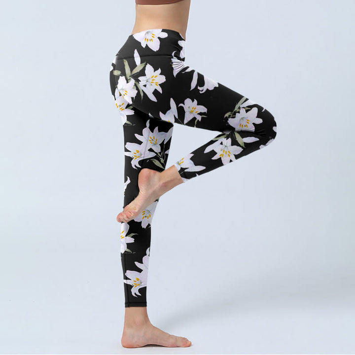 Buddha Stones Schwarze Lilie Blumenblatt Musterdruck Gym Leggings Damen Yogahose - image 3