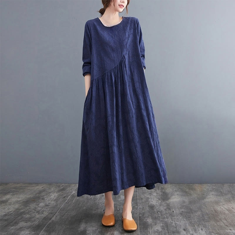 Buddha Stones – Einfaches Jacquard-Muster – Langärmliges Midikleid aus Baumwolle und Leinen für Damen mit Taschen - Stahlblau - US8-10， UK/AU12-14，EU40-42 (2XL) - image 20