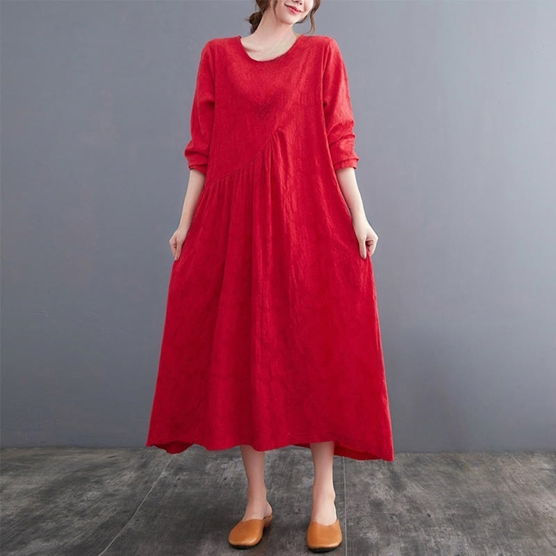 Buddha Stones – Einfaches Jacquard-Muster – Langärmliges Midikleid aus Baumwolle und Leinen für Damen mit Taschen - Rot - US8-10， UK/AU12-14，EU40-42 (2XL) - image 8