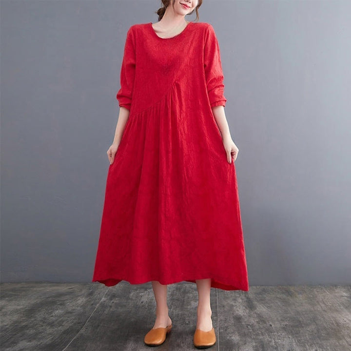 Buddha Stones – Einfaches Jacquard-Muster – Langärmliges Midikleid aus Baumwolle und Leinen für Damen mit Taschen - Rot - US8-10， UK/AU12-14，EU40-42 (2XL) - image 8