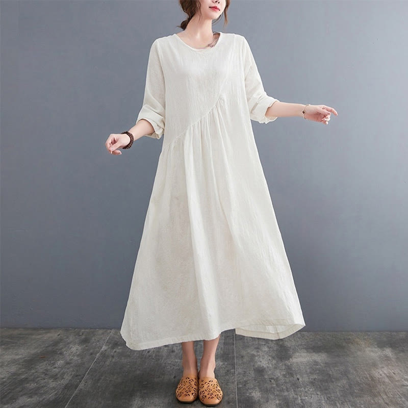 Buddha Stones – Einfaches Jacquard-Muster – Langärmliges Midikleid aus Baumwolle und Leinen für Damen mit Taschen - Weiß - US8-10， UK/AU12-14，EU40-42 (2XL) - image 0