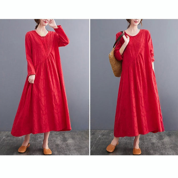 Buddha Stones – Einfaches Jacquard-Muster – Langärmliges Midikleid aus Baumwolle und Leinen für Damen mit Taschen - image 16