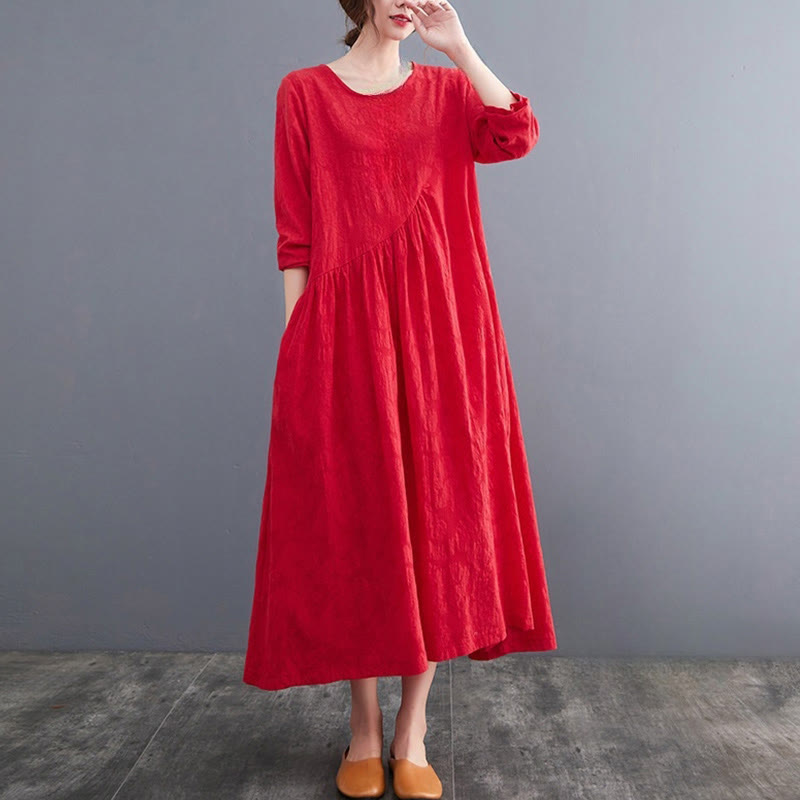 Buddha Stones – Einfaches Jacquard-Muster – Langärmliges Midikleid aus Baumwolle und Leinen für Damen mit Taschen - image 11