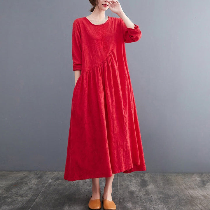 Buddha Stones – Einfaches Jacquard-Muster – Langärmliges Midikleid aus Baumwolle und Leinen für Damen mit Taschen - image 11