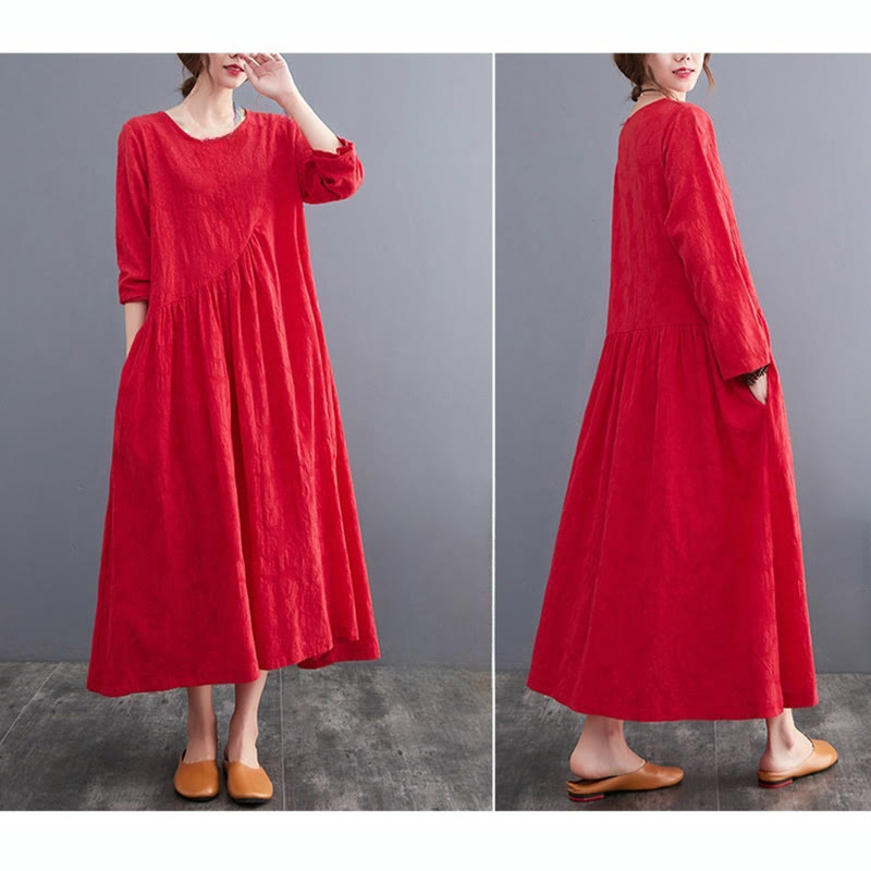 Buddha Stones – Einfaches Jacquard-Muster – Langärmliges Midikleid aus Baumwolle und Leinen für Damen mit Taschen - image 15