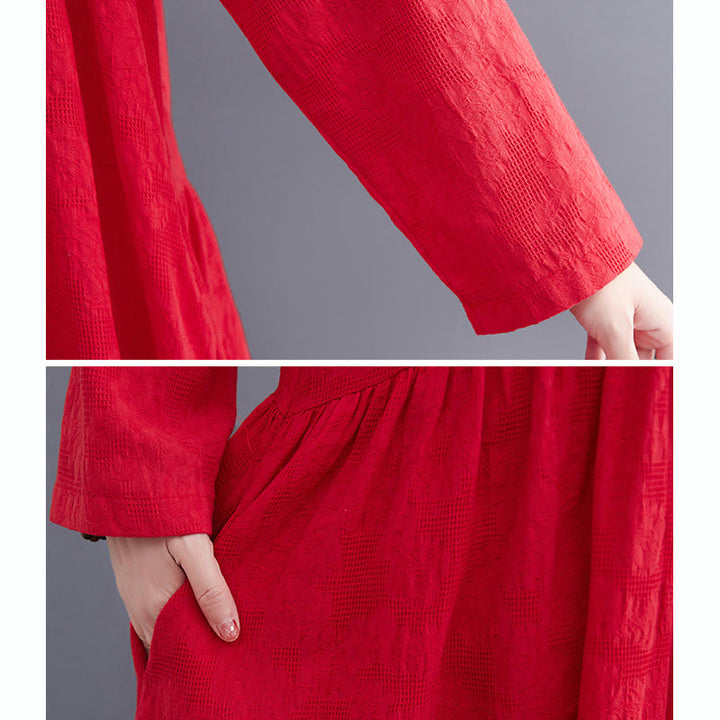 Buddha Stones – Einfaches Jacquard-Muster – Langärmliges Midikleid aus Baumwolle und Leinen für Damen mit Taschen - image 18