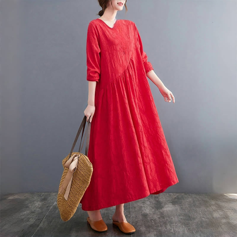 Buddha Stones – Einfaches Jacquard-Muster – Langärmliges Midikleid aus Baumwolle und Leinen für Damen mit Taschen - image 9