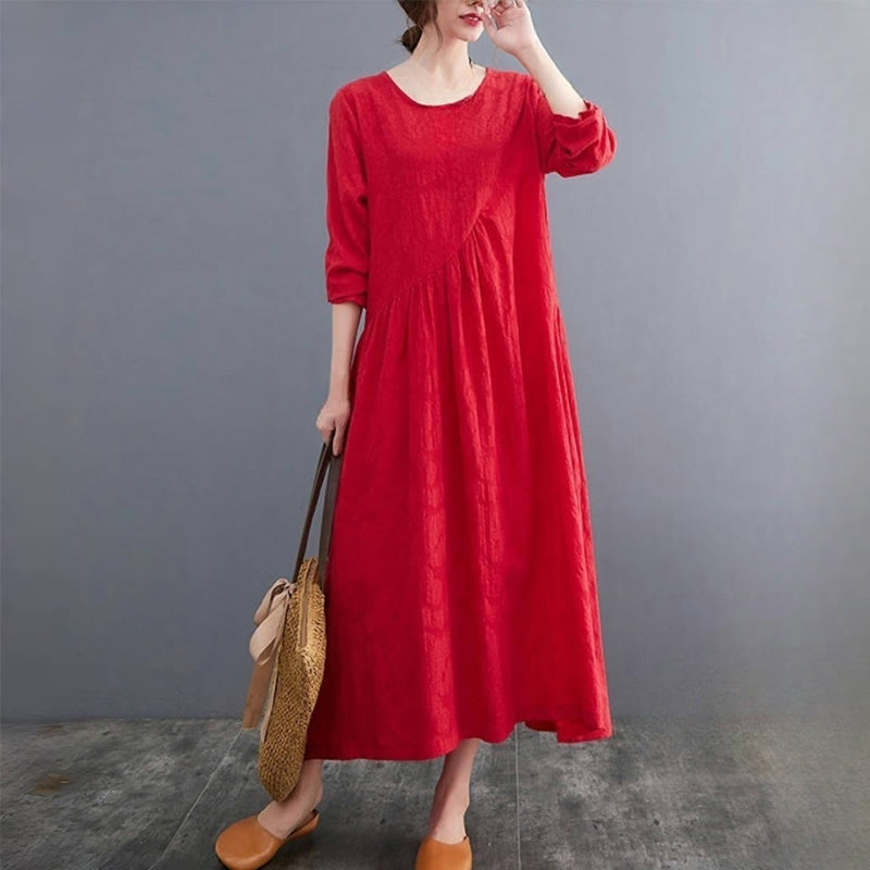 Buddha Stones – Einfaches Jacquard-Muster – Langärmliges Midikleid aus Baumwolle und Leinen für Damen mit Taschen - image 13