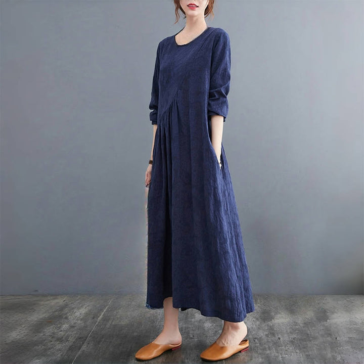 Buddha Stones – Einfaches Jacquard-Muster – Langärmliges Midikleid aus Baumwolle und Leinen für Damen mit Taschen - image 22