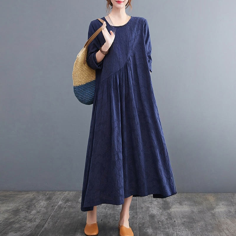 Buddha Stones – Einfaches Jacquard-Muster – Langärmliges Midikleid aus Baumwolle und Leinen für Damen mit Taschen - image 24