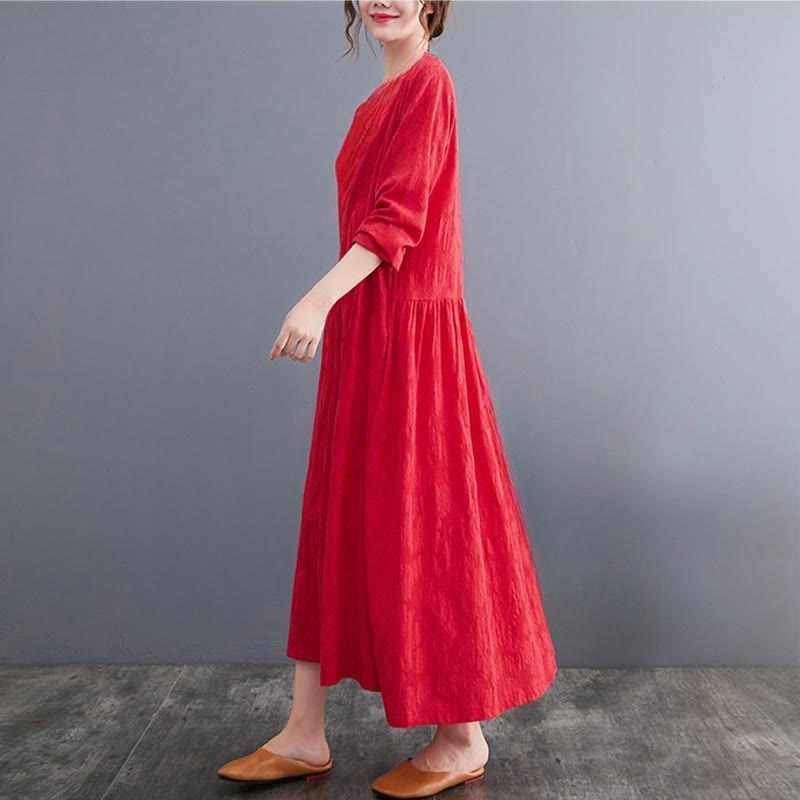 Buddha Stones – Einfaches Jacquard-Muster – Langärmliges Midikleid aus Baumwolle und Leinen für Damen mit Taschen - image 10