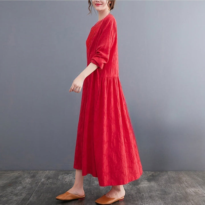 Buddha Stones – Einfaches Jacquard-Muster – Langärmliges Midikleid aus Baumwolle und Leinen für Damen mit Taschen - image 10