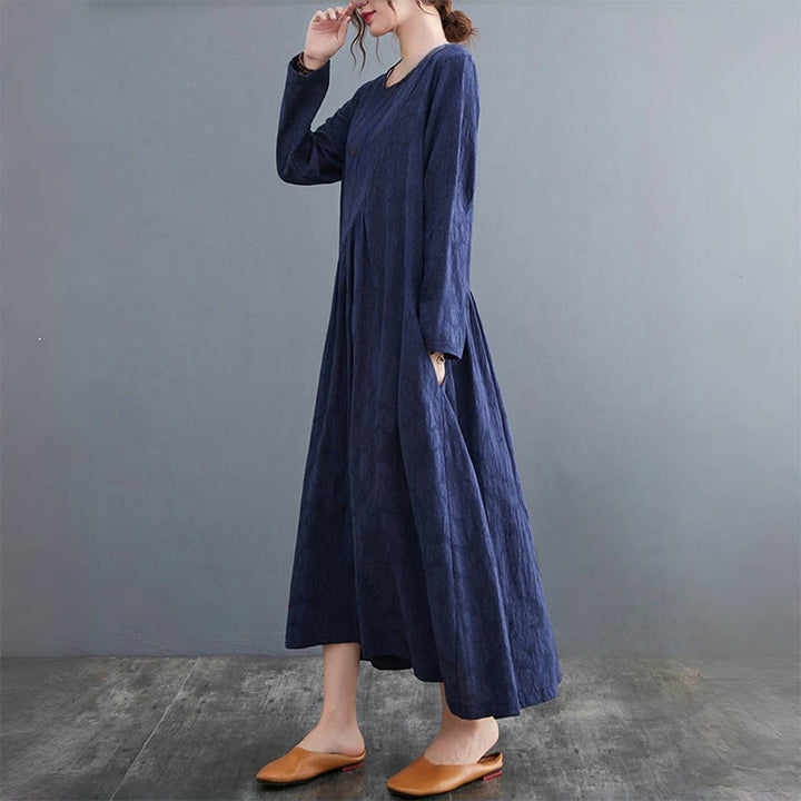 Buddha Stones – Einfaches Jacquard-Muster – Langärmliges Midikleid aus Baumwolle und Leinen für Damen mit Taschen - image 21
