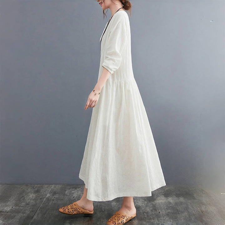 Buddha Stones – Einfaches Jacquard-Muster – Langärmliges Midikleid aus Baumwolle und Leinen für Damen mit Taschen - image 2