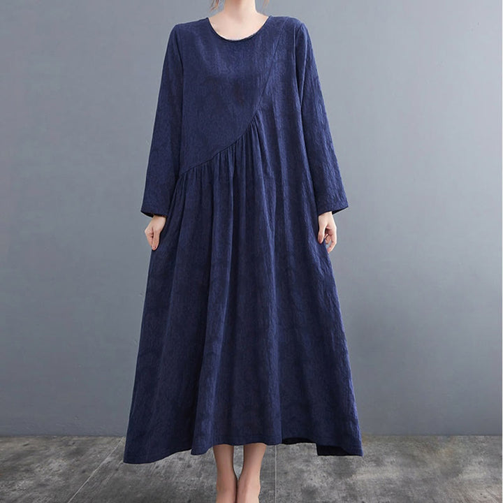 Buddha Stones – Einfaches Jacquard-Muster – Langärmliges Midikleid aus Baumwolle und Leinen für Damen mit Taschen - image 25