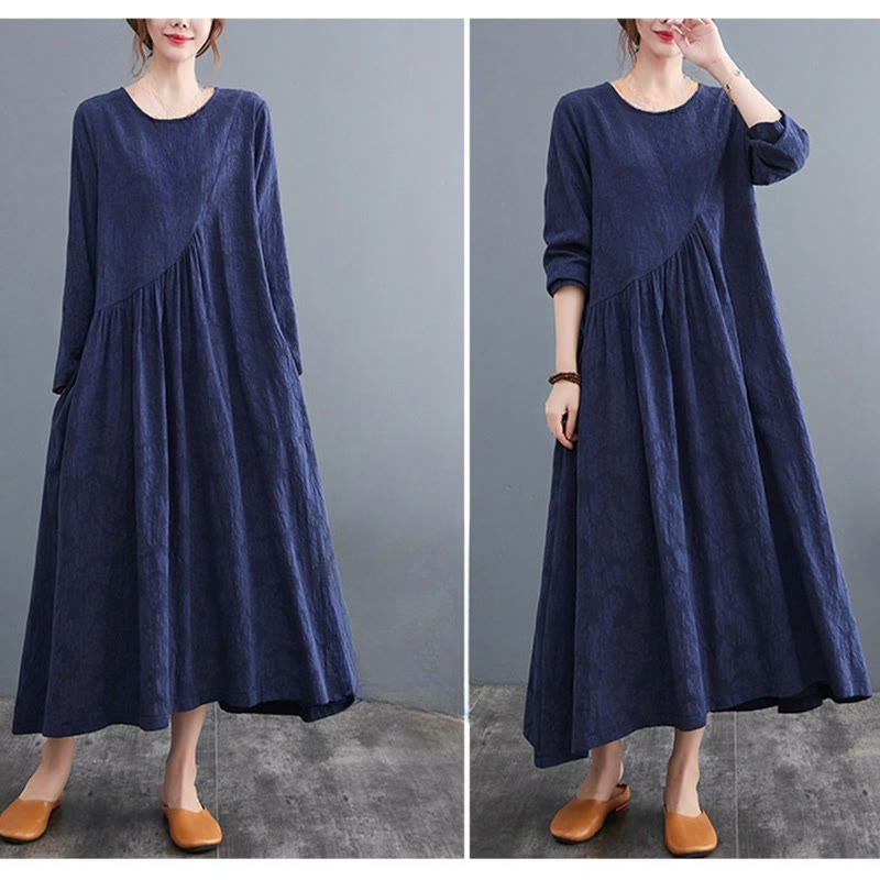 Buddha Stones – Einfaches Jacquard-Muster – Langärmliges Midikleid aus Baumwolle und Leinen für Damen mit Taschen - image 26