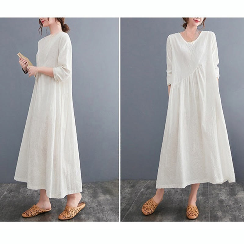 Buddha Stones – Einfaches Jacquard-Muster – Langärmliges Midikleid aus Baumwolle und Leinen für Damen mit Taschen - image 6